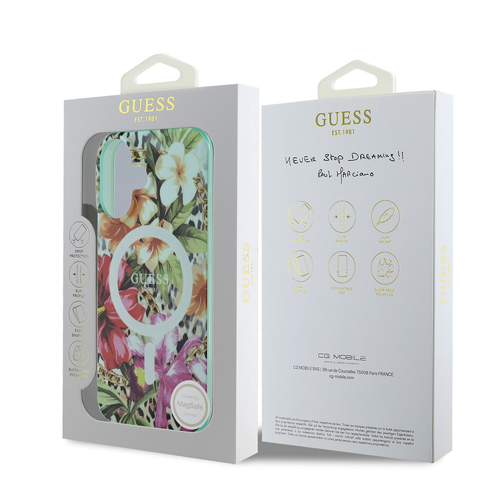 Apple iPhone 16 Case Guess Original Licensed M-safe Charging Feature IML Printed Jungle Ring Cover Green