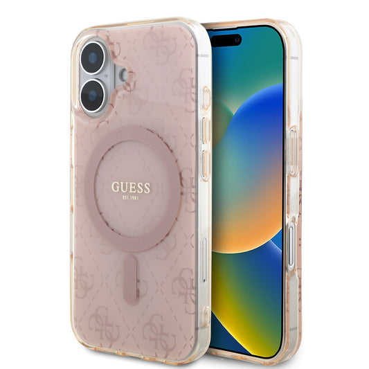 Apple iPhone 16 Case Guess Original Licensed M-Safe Charging Feature IML Printed Classic Logo 4G Patterned Cover Pink