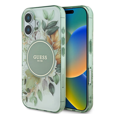 Apple iPhone 16 Case Guess Original Licensed M-safe Charging Feature IML Printed Text Logo Flower Tonal Circle Cover Green