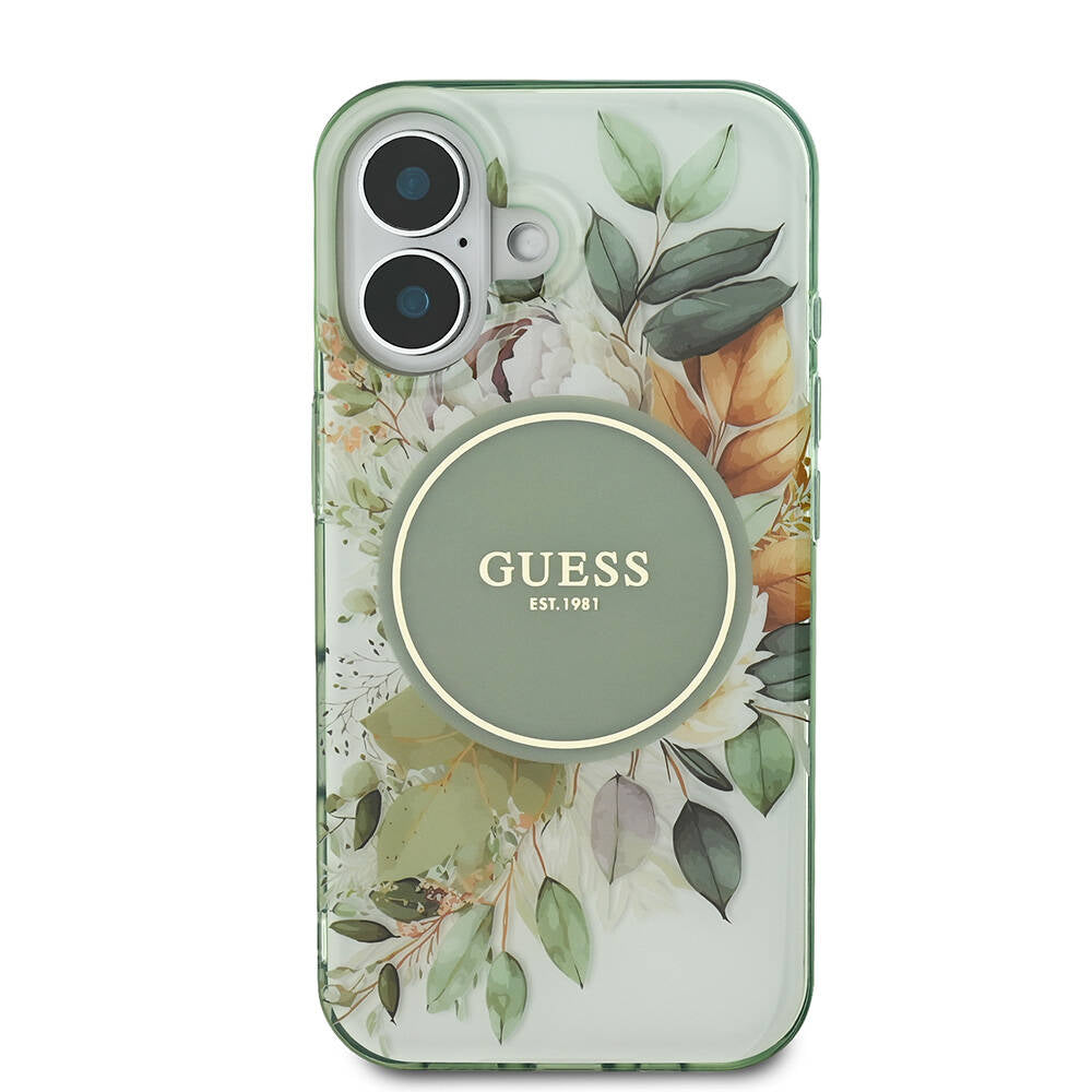 Apple iPhone 16 Case Guess Original Licensed M-safe Charging Feature IML Printed Text Logo Flower Tonal Circle Cover Green
