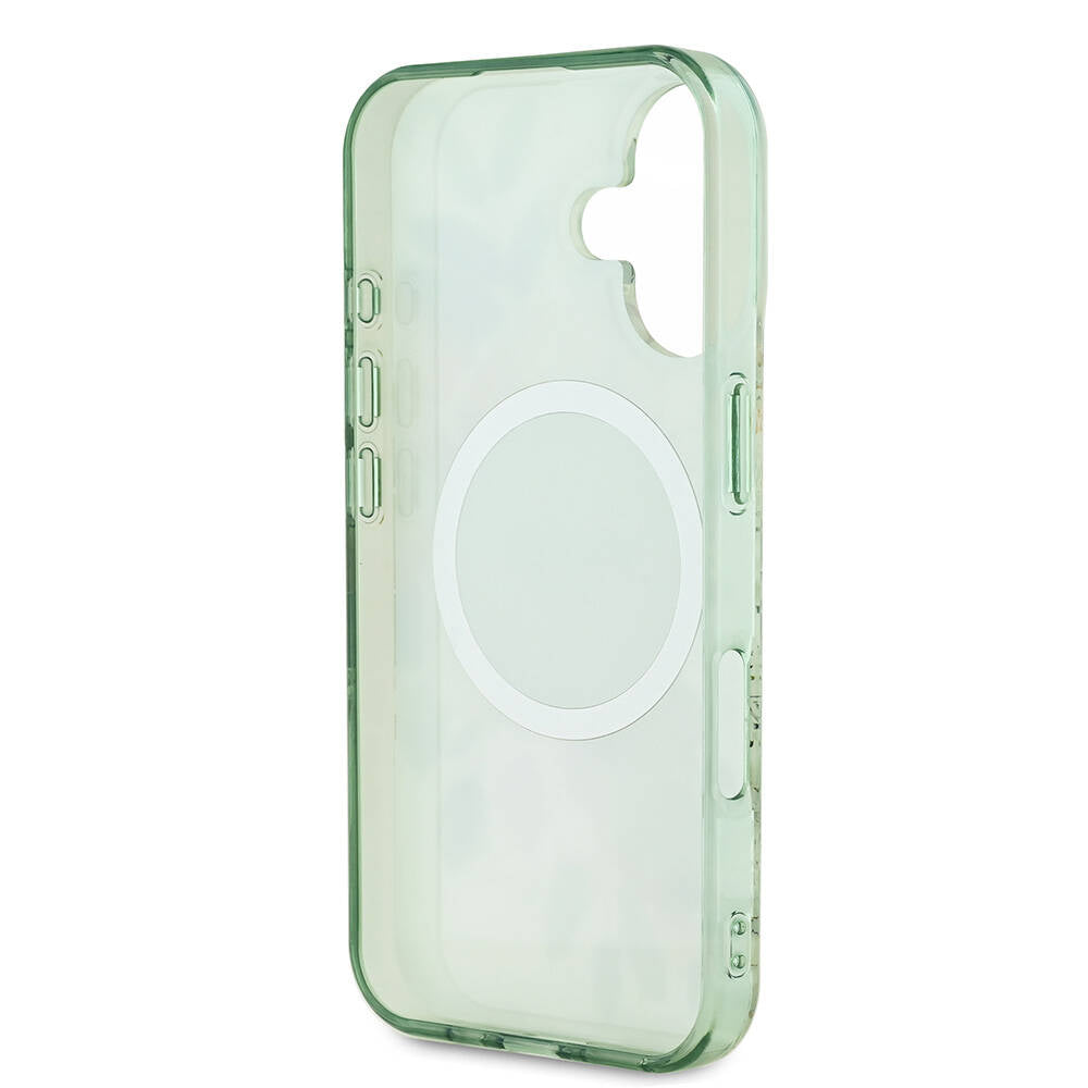 Apple iPhone 16 Case Guess Original Licensed M-safe Charging Feature IML Printed Text Logo Flower Tonal Circle Cover Green