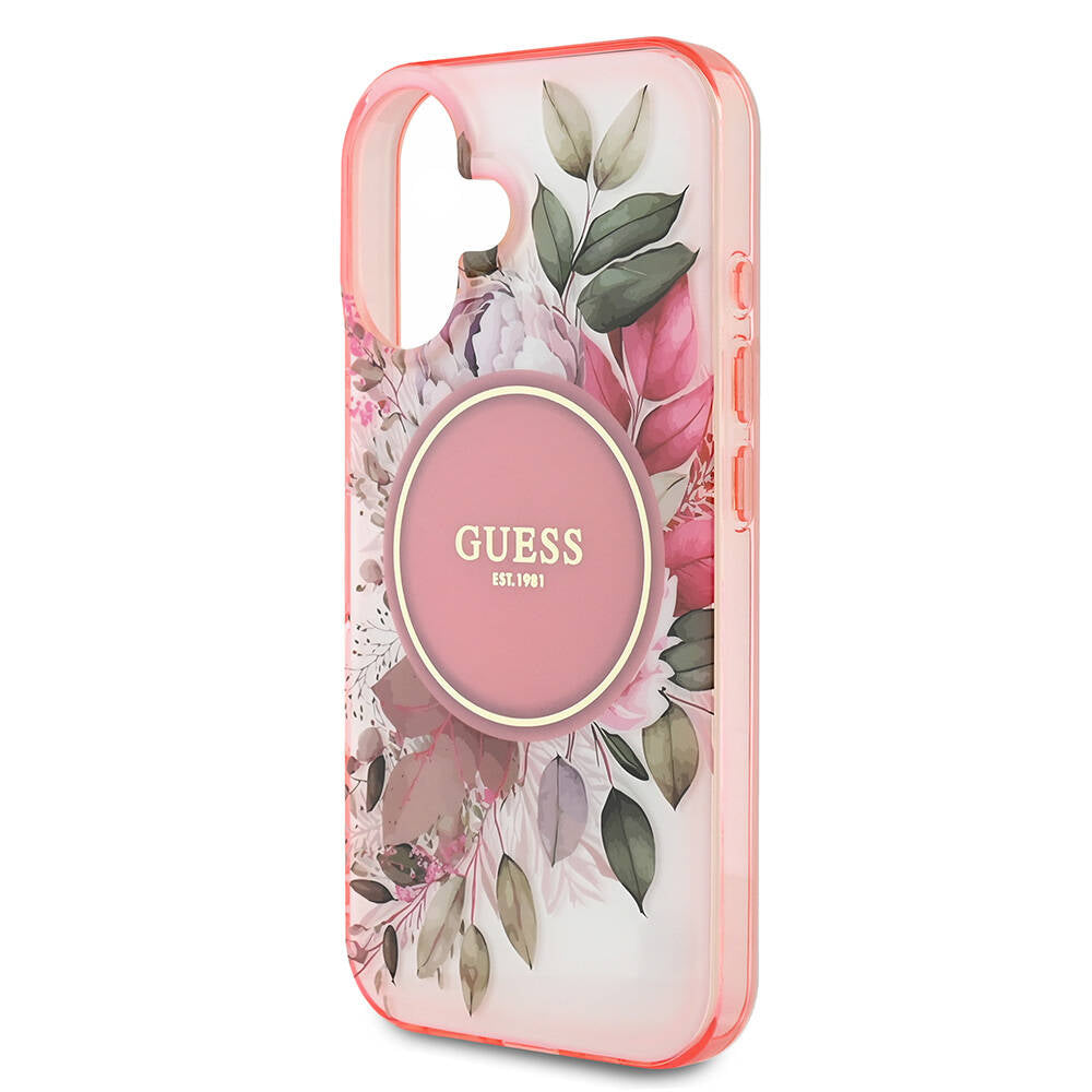 Apple iPhone 16 Case Guess Original Licensed M-safe Charging Feature IML Printed Text Logo Flower Tonal Circle Cover Pink