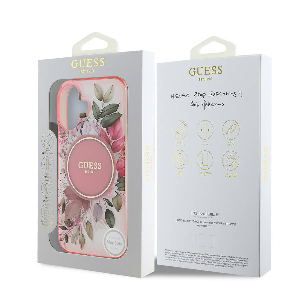 Apple iPhone 16 Case Guess Original Licensed M-safe Charging Feature IML Printed Text Logo Flower Tonal Circle Cover Pink