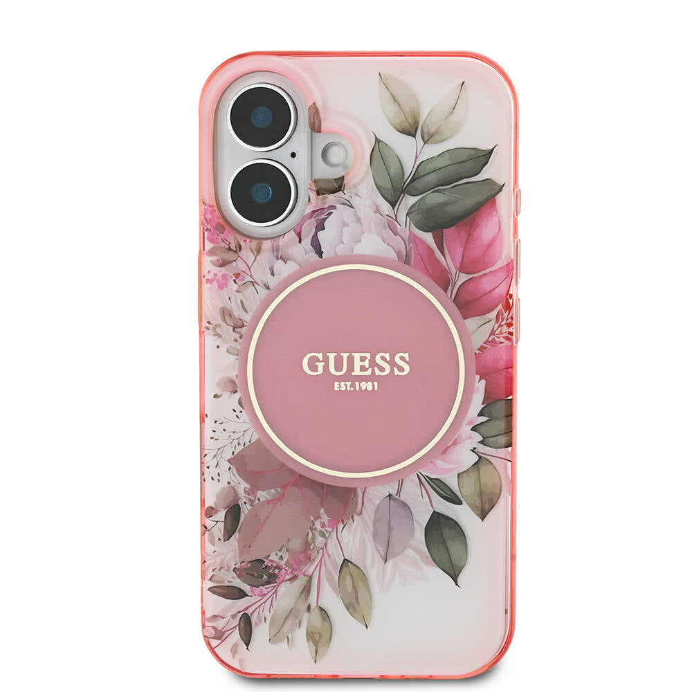 Apple iPhone 16 Case Guess Original Licensed M-safe Charging Feature IML Printed Text Logo Flower Tonal Circle Cover Pink