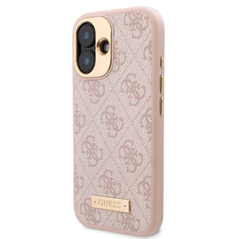 Apple iPhone 16 Case Guess Original Licensed M-safe Charging Feature PU 4G Patterned Metal Plate Classic Logo Cover Brown 