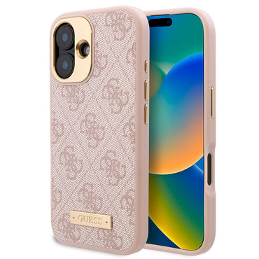 Apple iPhone 16 Case Guess Original Licensed M-safe Charging Feature PU 4G Patterned Metal Plate Classic Logo Cover Pink 