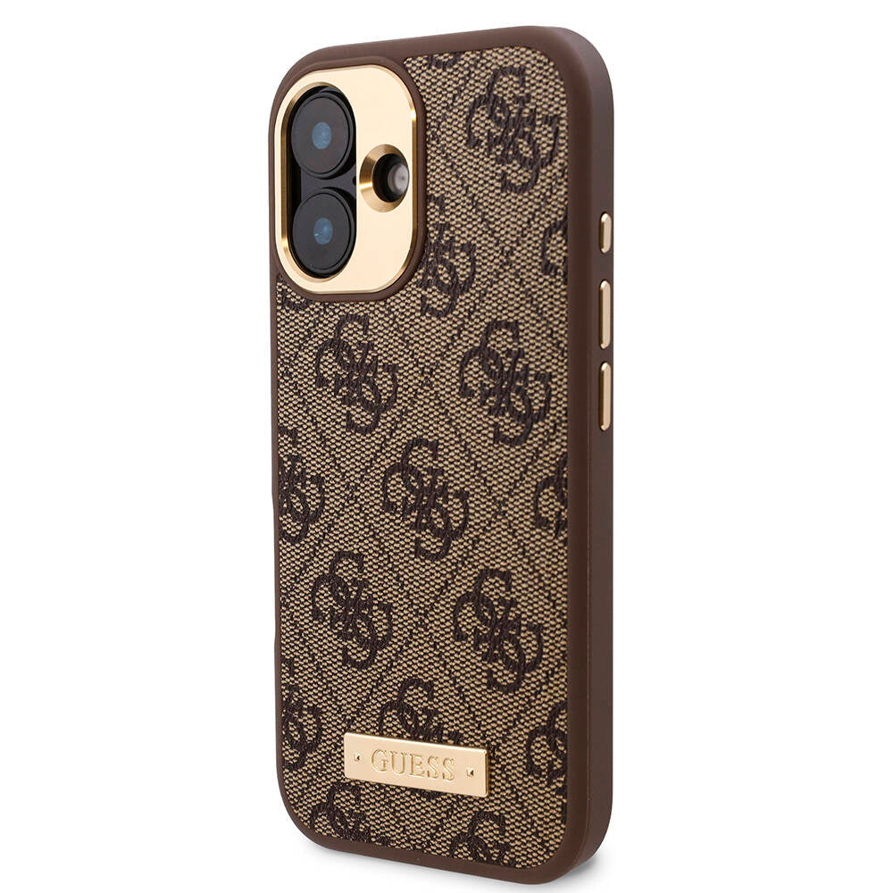 Apple iPhone 16 Case Guess Original Licensed M-safe Charging Feature PU 4G Patterned Metal Plate Classic Logo Cover Brown 