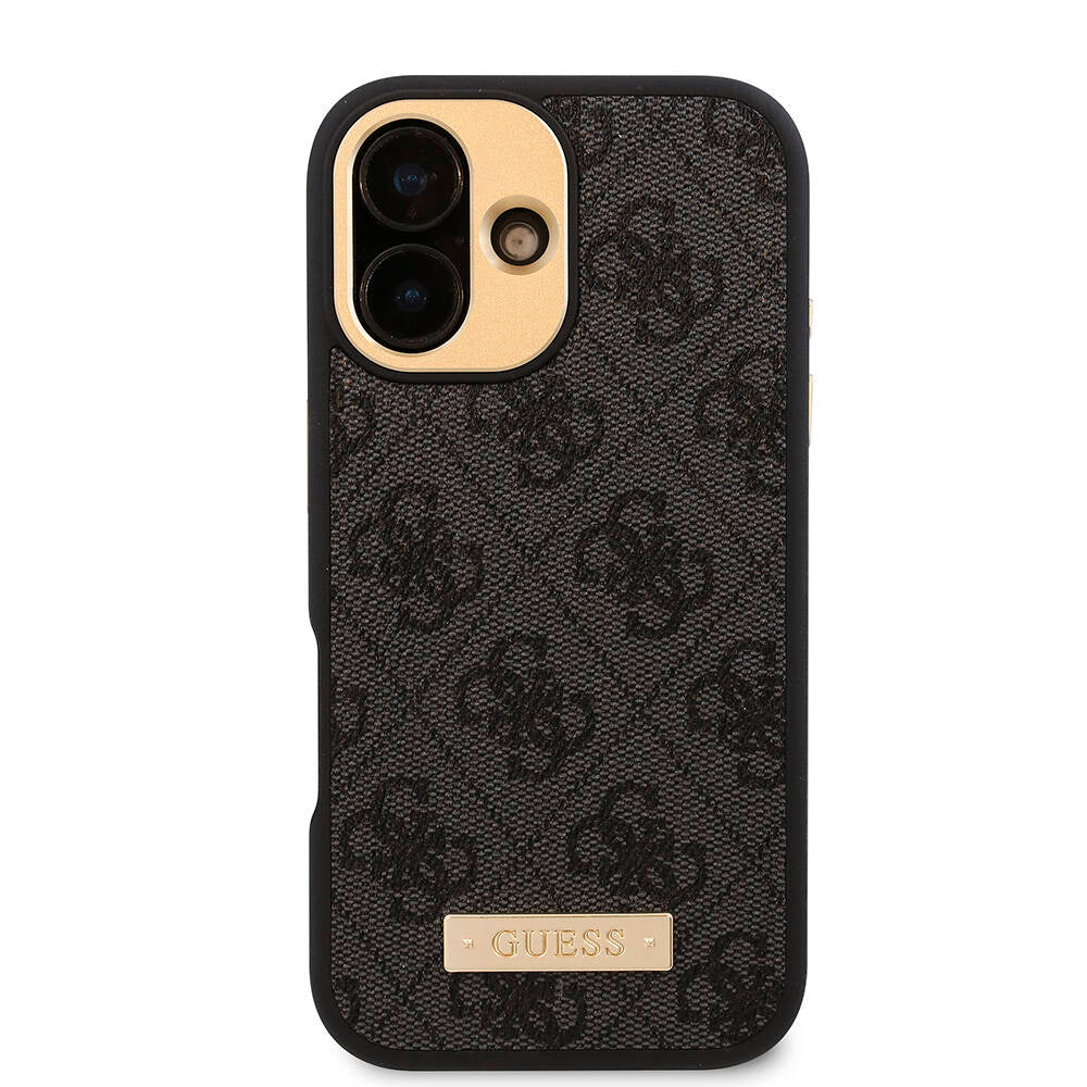 Apple iPhone 16 Case Guess Original Licensed M-safe Charging Feature PU 4G Patterned Metal Plate Classic Logo Cover Brown 