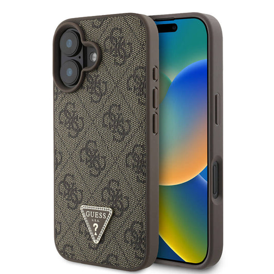 Apple iPhone 16 Case Guess Original Licensed M-safe Charging Feature PU Leather 4G Patterned Stone Triangle Logo Cover Brown