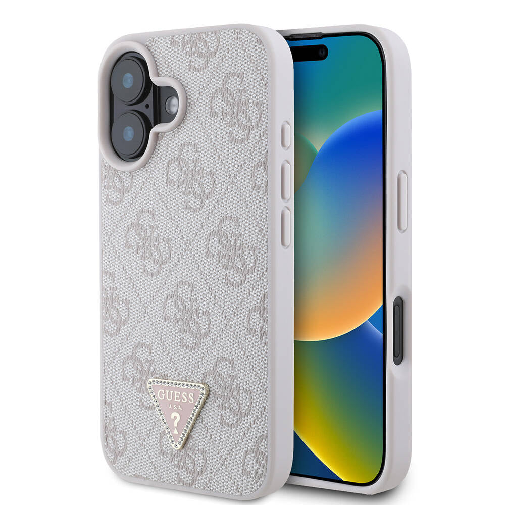 Apple iPhone 16 Case Guess Original Licensed M-safe Charging Feature PU Leather 4G Patterned Stone Triangle Logo Cover Brown