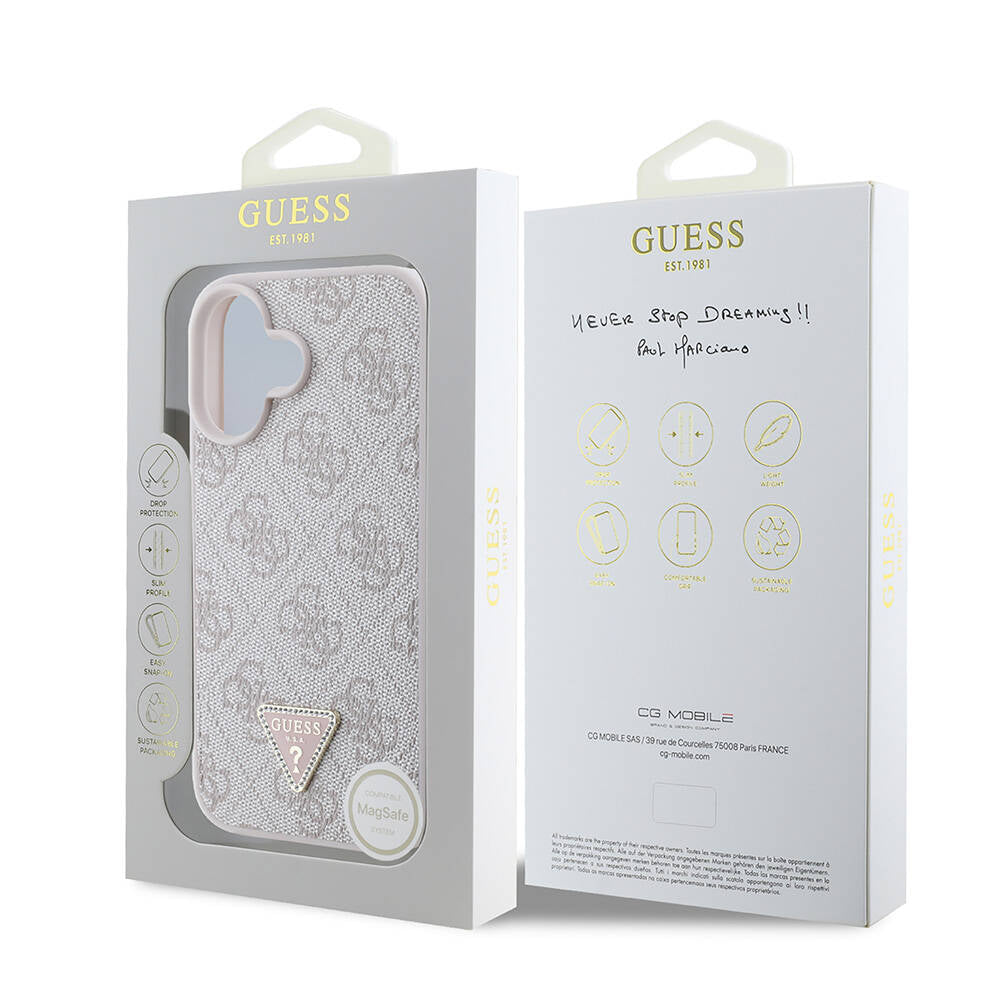 Apple iPhone 16 Case Guess Original Licensed M-safe Charging Feature PU Leather 4G Patterned Stone Triangle Logo Cover Brown