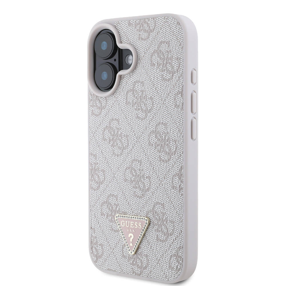 Apple iPhone 16 Case Guess Original Licensed M-safe Charging Feature PU Leather 4G Patterned Stone Triangle Logo Cover Brown