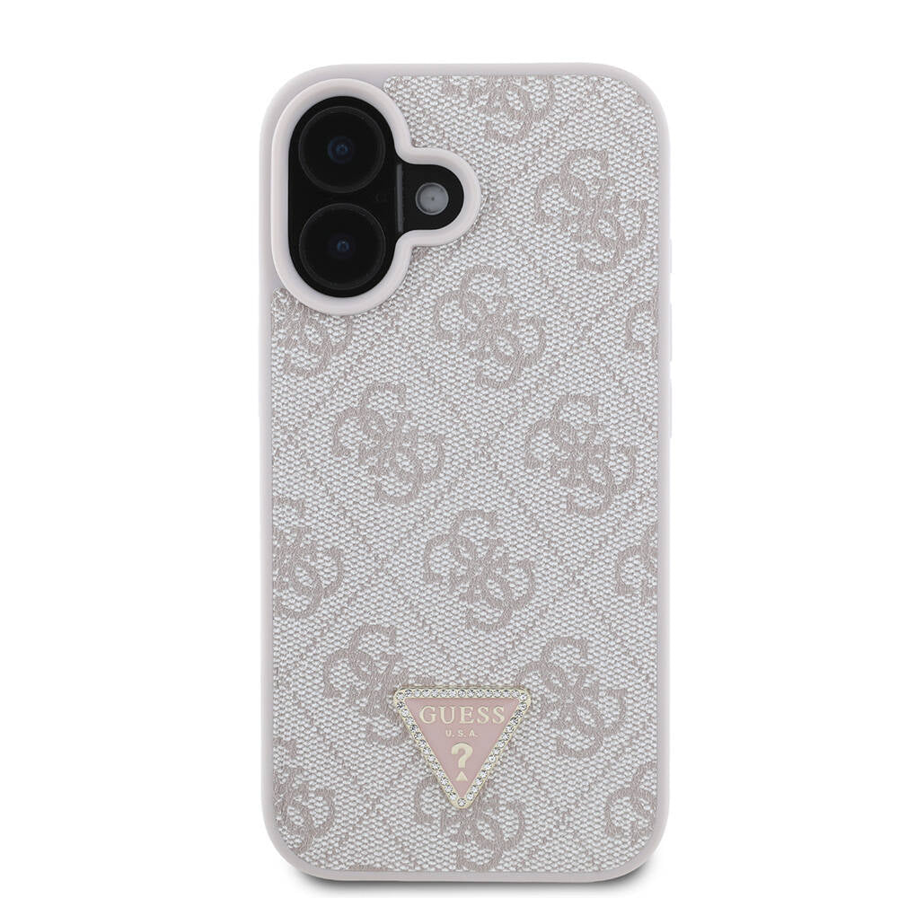 Apple iPhone 16 Case Guess Original Licensed M-safe Charging Feature PU Leather 4G Patterned Stone Triangle Logo Cover Brown