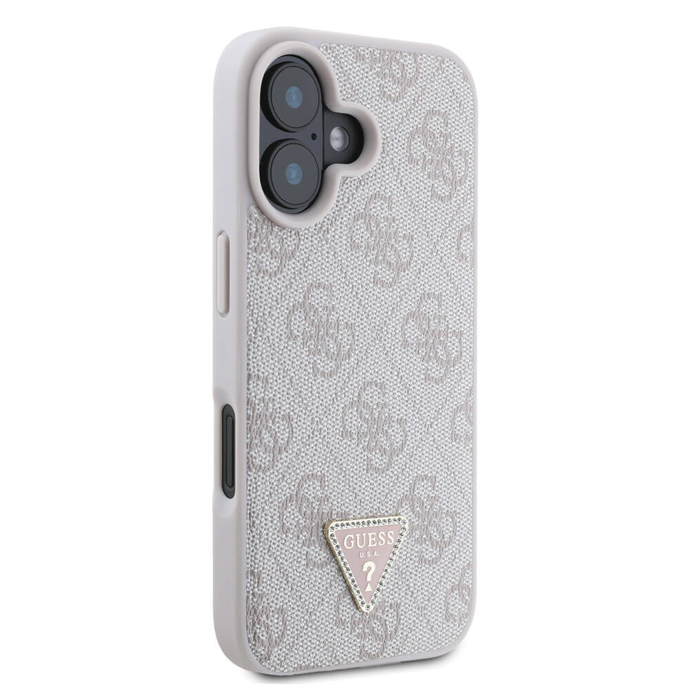 Apple iPhone 16 Case Guess Original Licensed M-safe Charging Feature PU Leather 4G Patterned Stone Triangle Logo Cover Brown