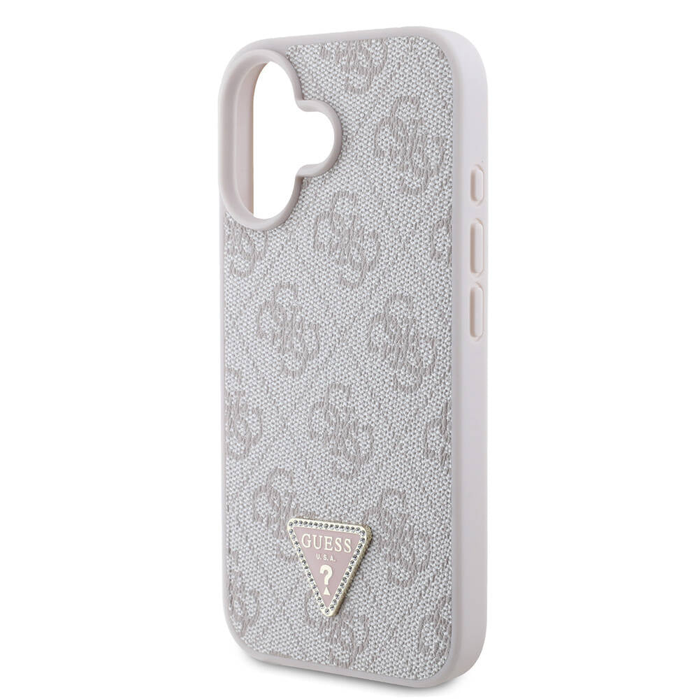 Apple iPhone 16 Case Guess Original Licensed M-safe Charging Feature PU Leather 4G Patterned Stone Triangle Logo Cover Brown