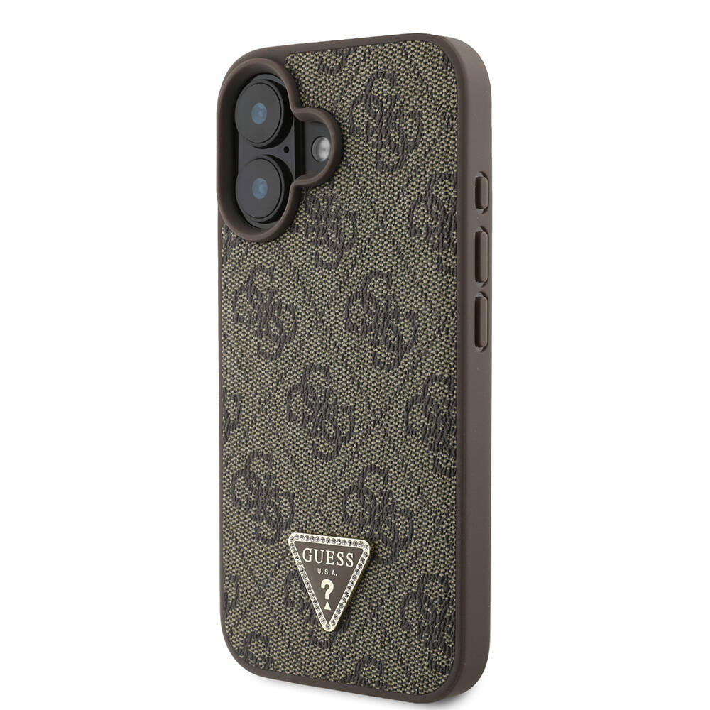 Apple iPhone 16 Case Guess Original Licensed M-safe Charging Feature PU Leather 4G Patterned Stone Triangle Logo Cover Brown