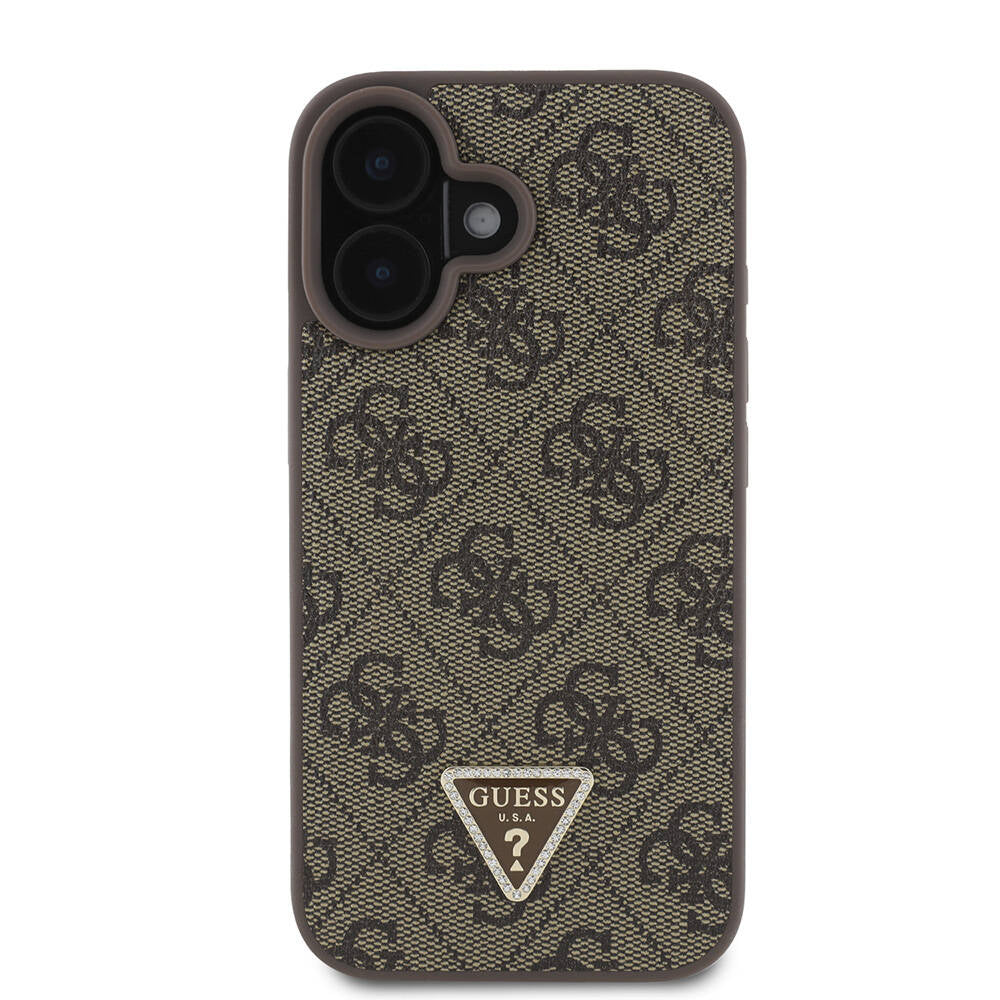 Apple iPhone 16 Case Guess Original Licensed M-safe Charging Feature PU Leather 4G Patterned Stone Triangle Logo Cover Brown