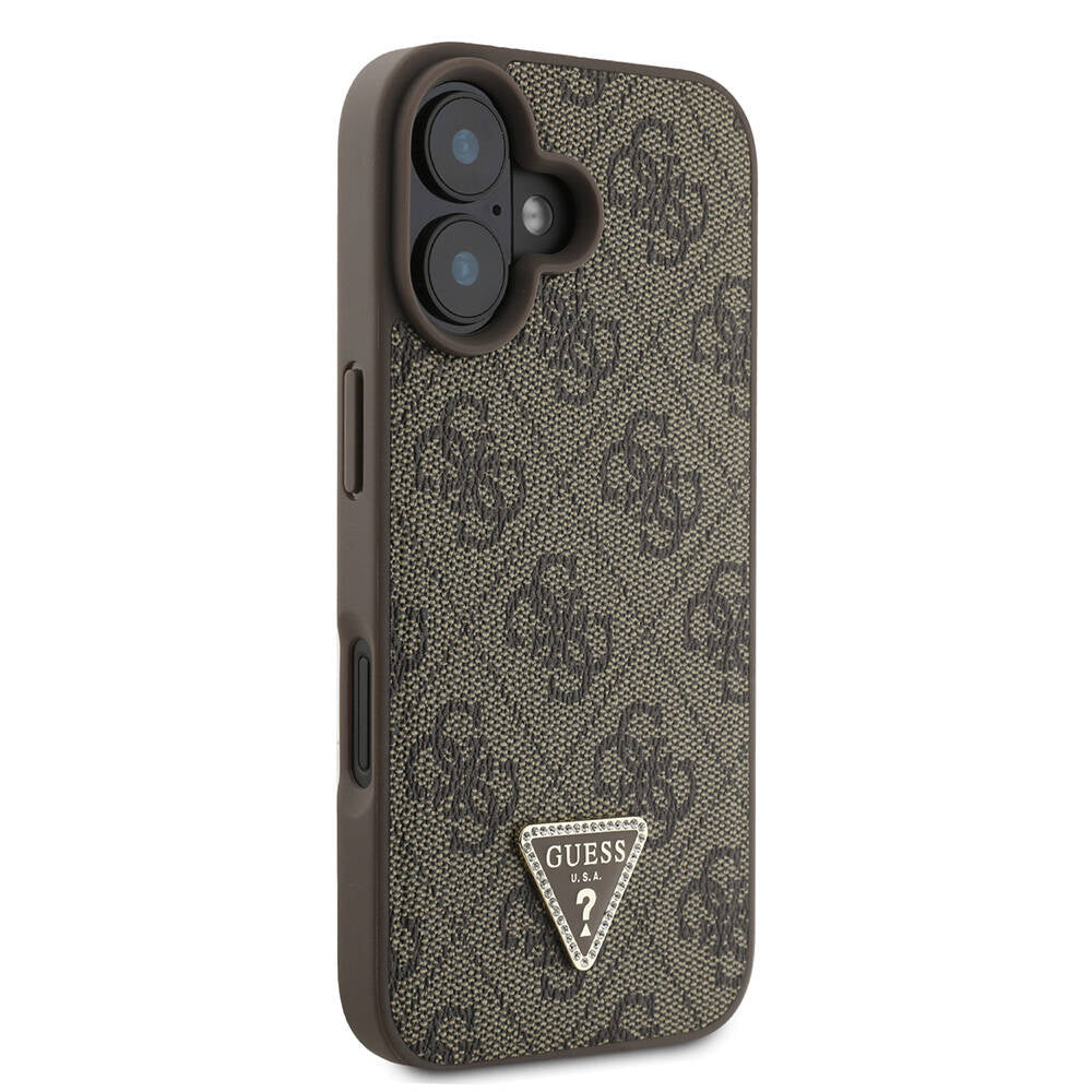 Apple iPhone 16 Case Guess Original Licensed M-safe Charging Feature PU Leather 4G Patterned Stone Triangle Logo Cover Brown