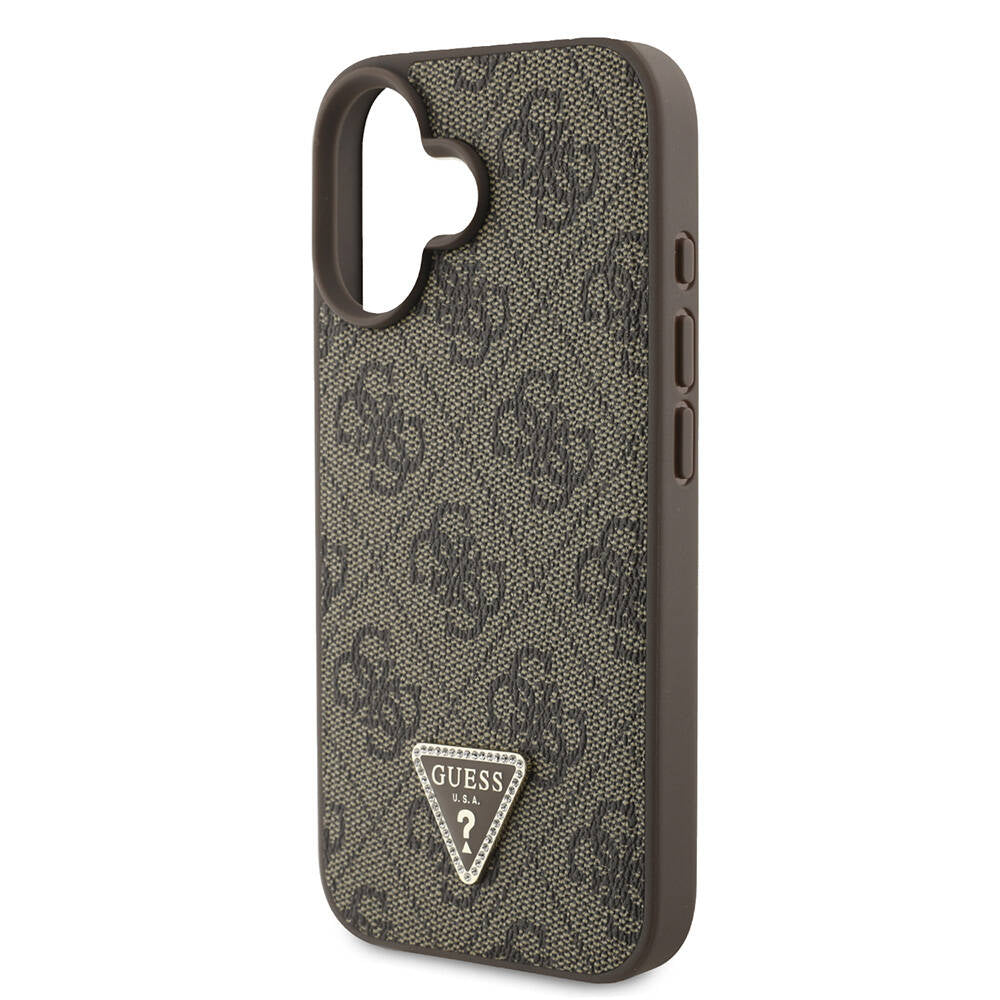 Apple iPhone 16 Case Guess Original Licensed M-safe Charging Feature PU Leather 4G Patterned Stone Triangle Logo Cover Brown