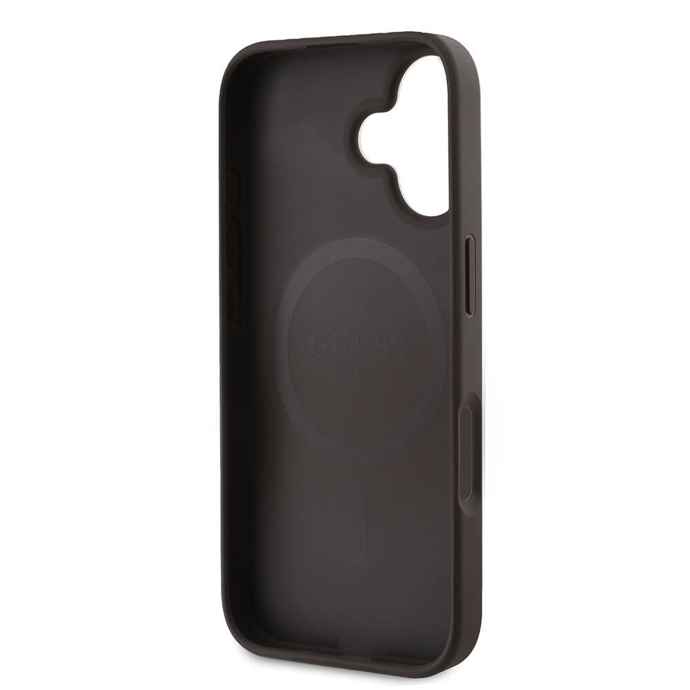 Apple iPhone 16 Case Guess Original Licensed M-safe Charging Feature PU Leather 4G Patterned Stone Triangle Logo Cover Brown