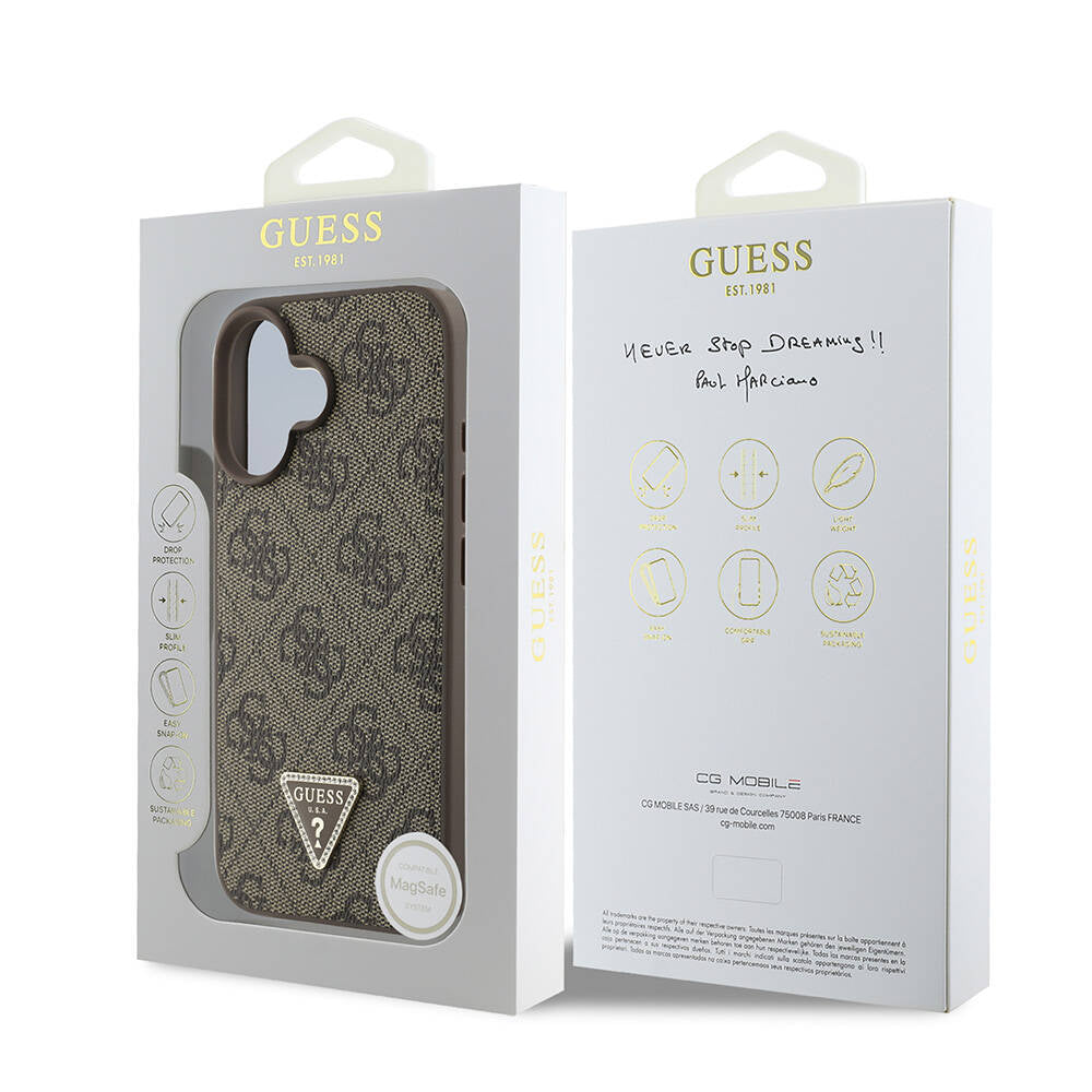 Apple iPhone 16 Case Guess Original Licensed M-safe Charging Feature PU Leather 4G Patterned Stone Triangle Logo Cover Brown