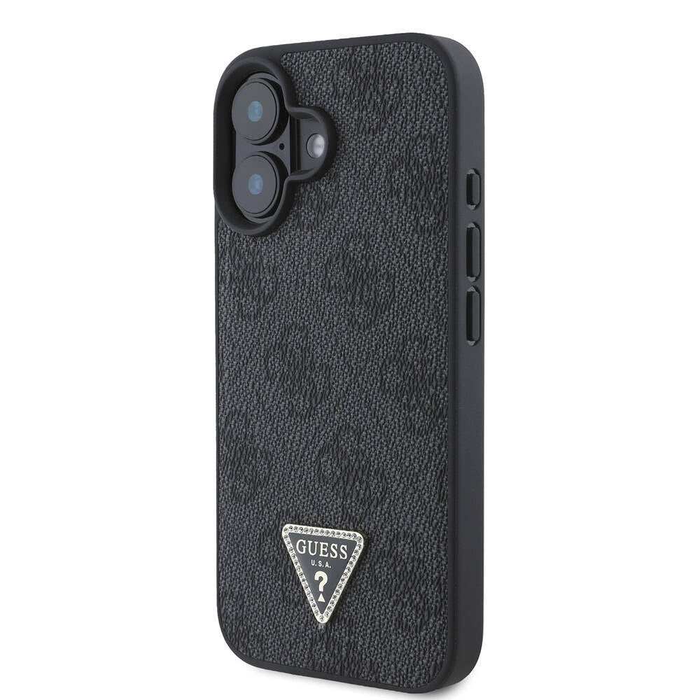 Apple iPhone 16 Case Guess Original Licensed M-safe Charging Feature PU Leather 4G Patterned Stone Triangle Logo Cover Brown
