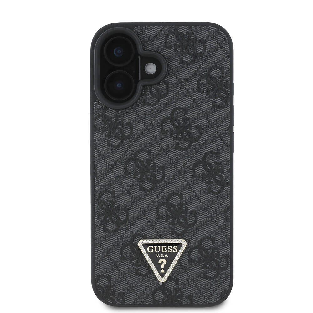 Apple iPhone 16 Case Guess Original Licensed M-safe Charging Feature PU Leather 4G Patterned Stone Triangle Logo Cover Brown