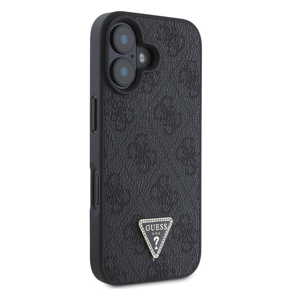 Apple iPhone 16 Case Guess Original Licensed M-safe Charging Feature PU Leather 4G Patterned Stone Triangle Logo Cover Brown