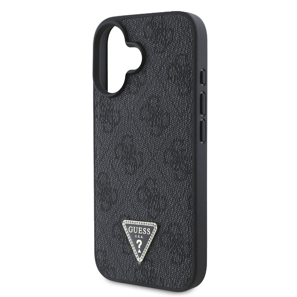 Apple iPhone 16 Case Guess Original Licensed M-safe Charging Feature PU Leather 4G Patterned Stone Triangle Logo Cover Brown