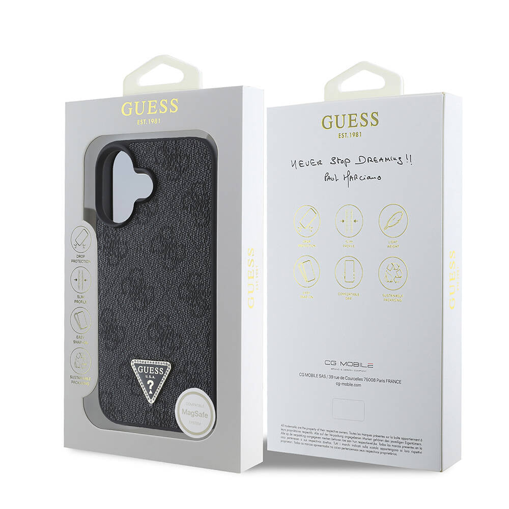 Apple iPhone 16 Case Guess Original Licensed M-safe Charging Feature PU Leather 4G Patterned Stone Triangle Logo Cover Brown