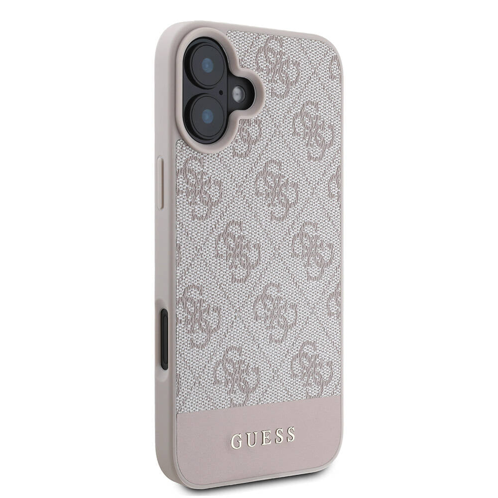 Apple iPhone 16 Case Guess Original Licensed M-safe Charging Feature PU Leather Stripe Logo Design Cover Black