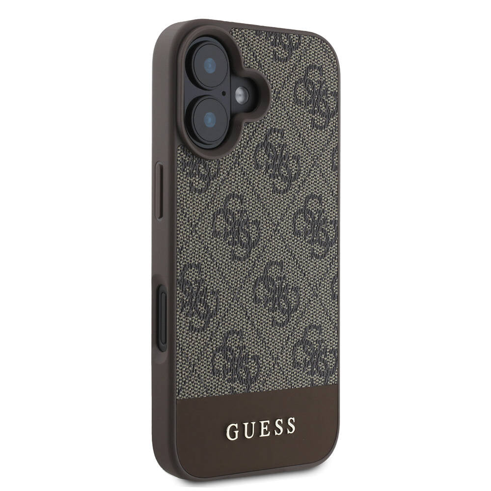 Apple iPhone 16 Case Guess Original Licensed M-safe Charging Feature PU Leather Stripe Logo Design Cover Black