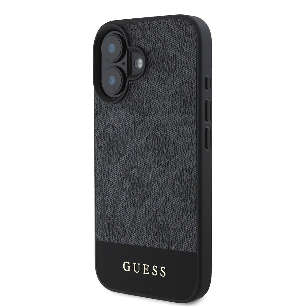 Apple iPhone 16 Case Guess Original Licensed M-safe Charging Feature PU Leather Stripe Logo Design Cover Black