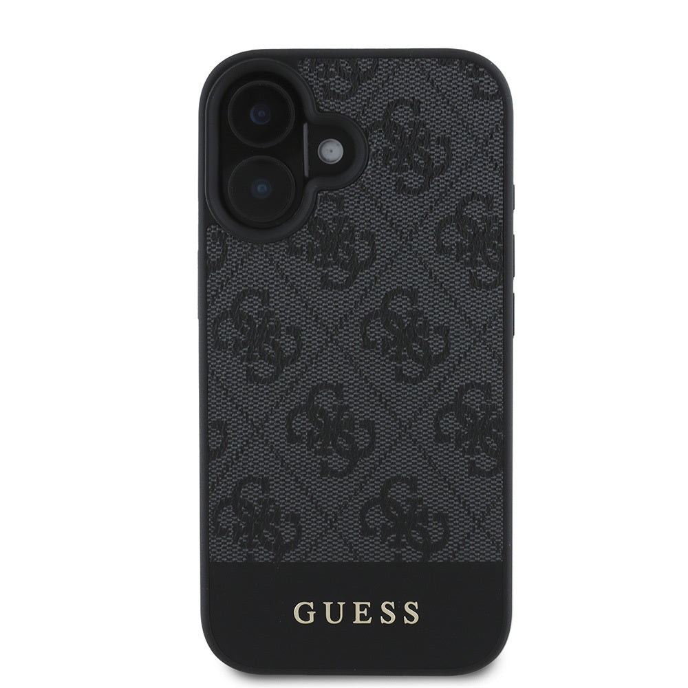 Apple iPhone 16 Case Guess Original Licensed M-safe Charging Feature PU Leather Stripe Logo Design Cover Black