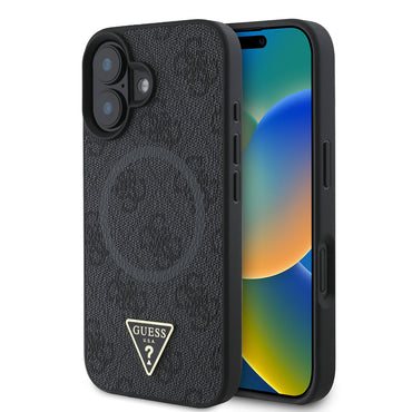 Apple iPhone 16 Case Guess Original Licensed M-safe Charging Feature PU Triangle Logo 4G Patterned Cover Pink
