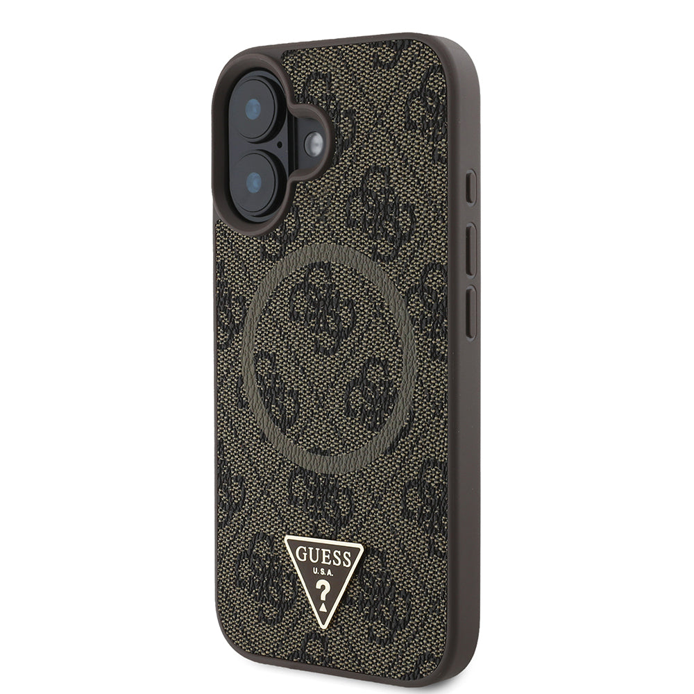 Apple iPhone 16 Case Guess Original Licensed M-safe Charging Feature PU Triangle Logo 4G Patterned Cover Black