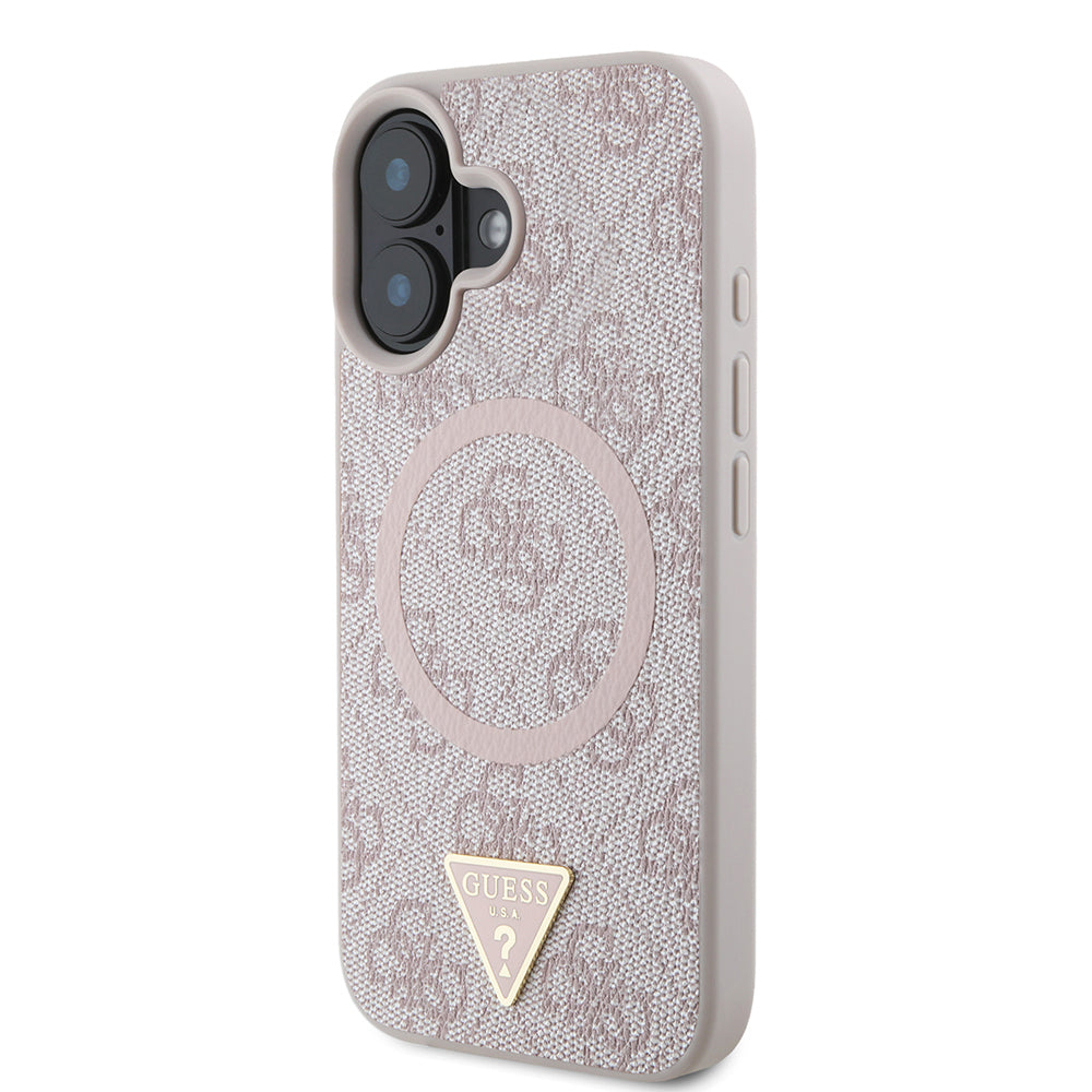 Apple iPhone 16 Case Guess Original Licensed M-safe Charging Feature PU Triangle Logo 4G Patterned Cover Pink