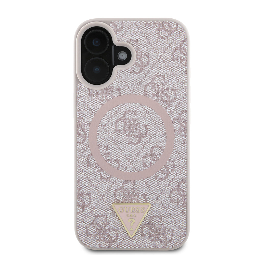 Apple iPhone 16 Case Guess Original Licensed M-safe Charging Feature PU Triangle Logo 4G Patterned Cover Pink