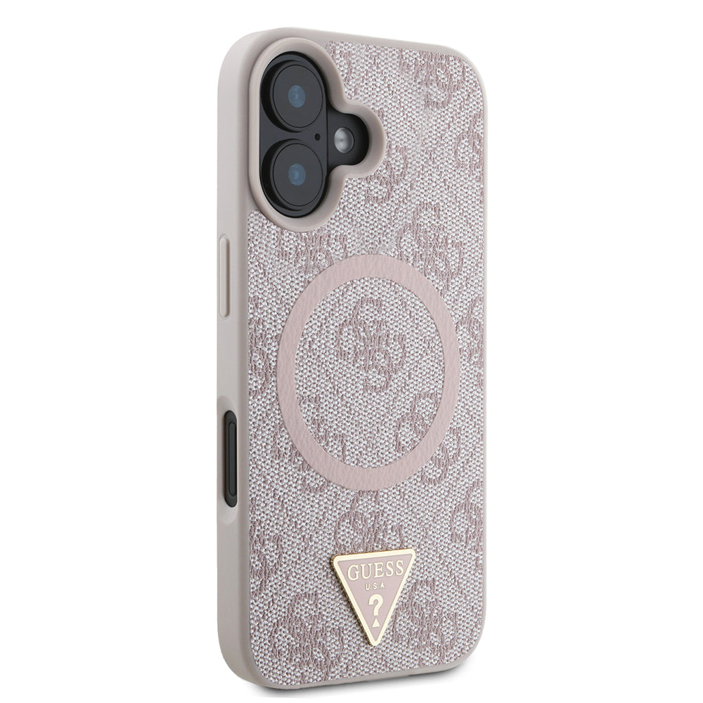 Apple iPhone 16 Case Guess Original Licensed M-safe Charging Feature PU Triangle Logo 4G Patterned Cover Pink