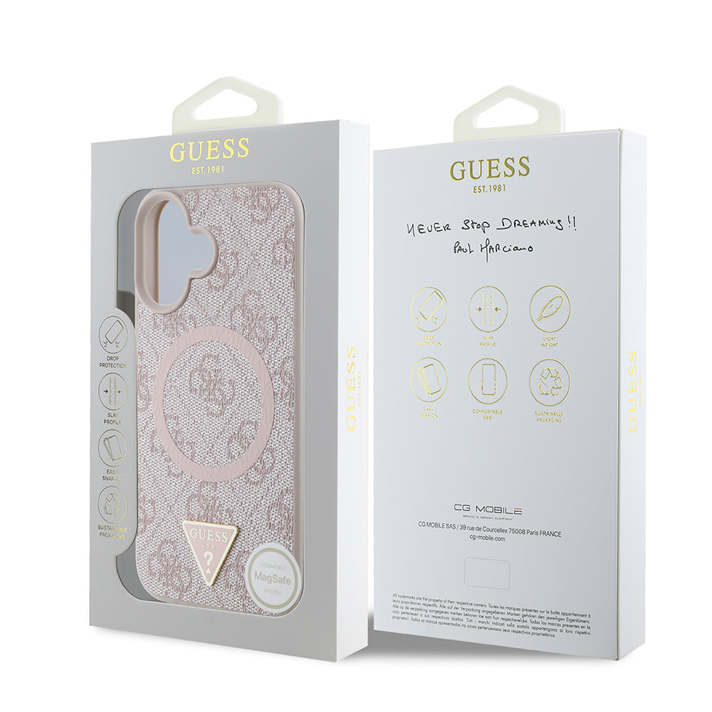 Apple iPhone 16 Case Guess Original Licensed M-safe Charging Feature PU Triangle Logo 4G Patterned Cover Pink