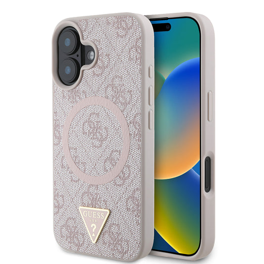 Apple iPhone 16 Case Guess Original Licensed M-safe Charging Feature PU Triangle Logo 4G Patterned Cover Pink