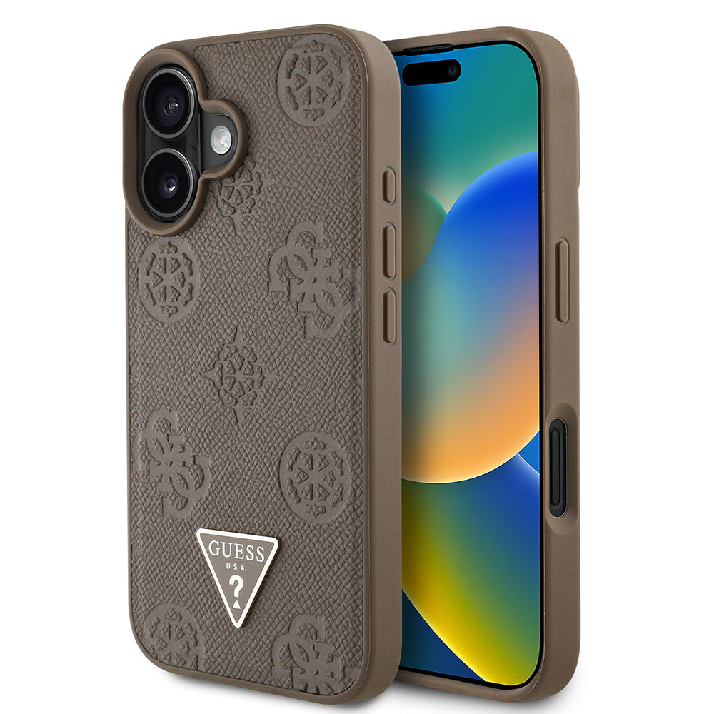 Apple iPhone 16 Case Guess Original Licensed M-Safe Charging Feature Hot Printed Triangle Logo PU Leather Peony Cover Black