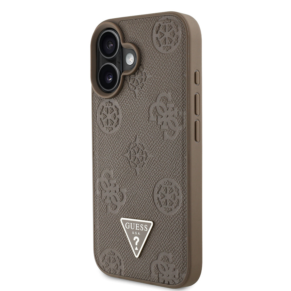 Apple iPhone 16 Case Guess Original Licensed M-Safe Charging Feature Hot Printed Triangle Logo PU Leather Peony Cover Black