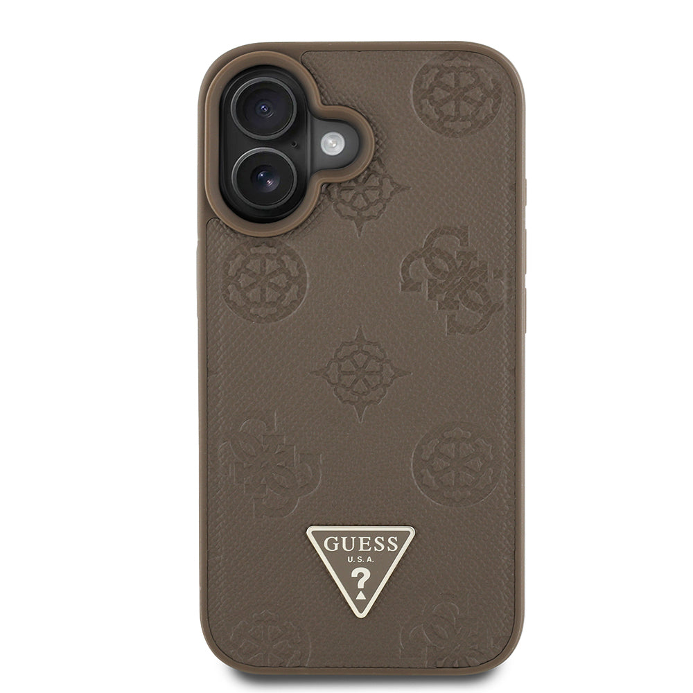 Apple iPhone 16 Case Guess Original Licensed M-Safe Charging Feature Hot Printed Triangle Logo PU Leather Peony Cover Black