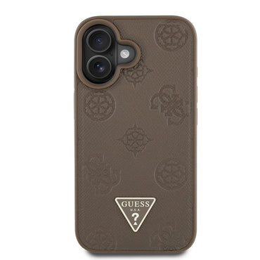 Apple iPhone 16 Case Guess Original Licensed M-Safe Charging Feature Hot Printed Triangle Logo PU Leather Peony Cover Black