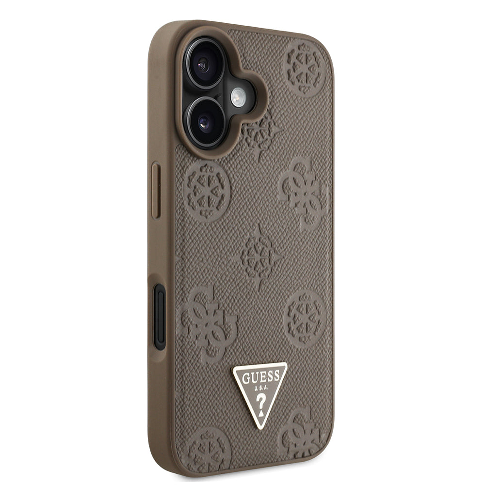 Apple iPhone 16 Case Guess Original Licensed M-Safe Charging Feature Hot Printed Triangle Logo PU Leather Peony Cover Black
