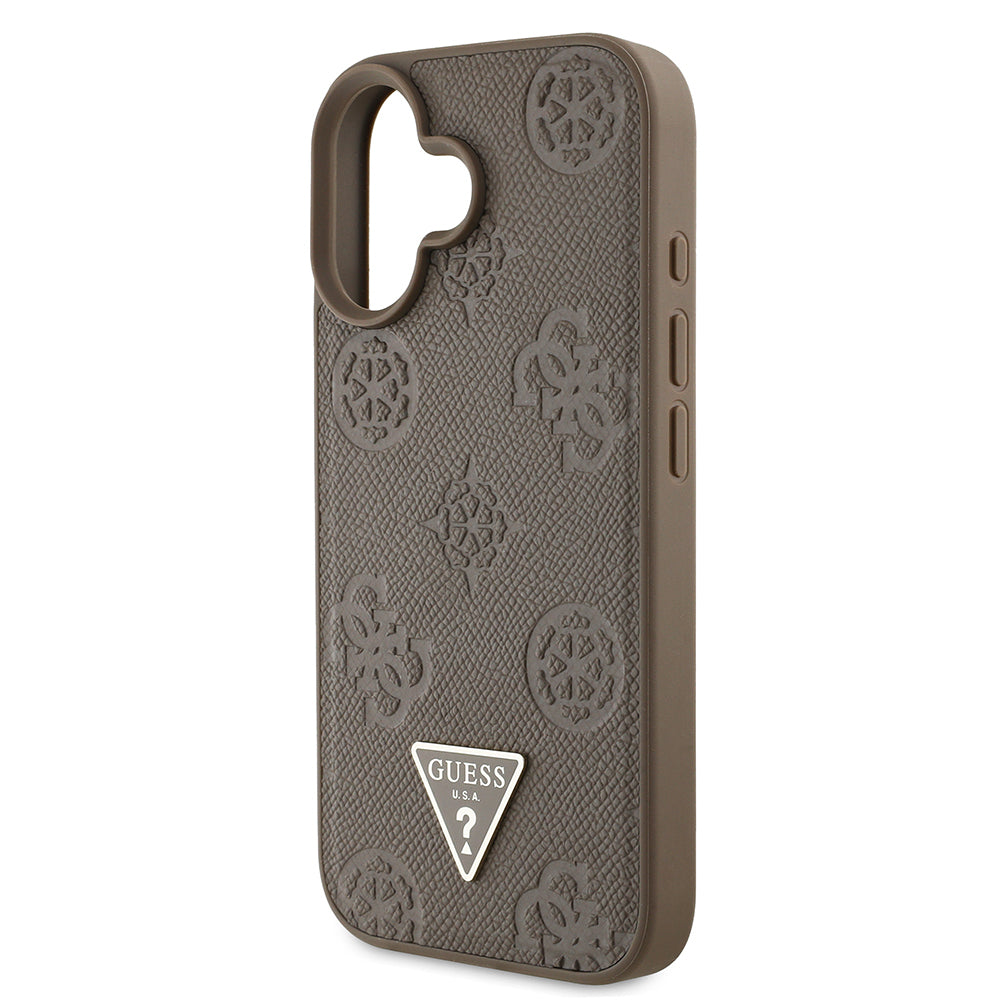 Apple iPhone 16 Case Guess Original Licensed M-Safe Charging Feature Hot Printed Triangle Logo PU Leather Peony Cover Black