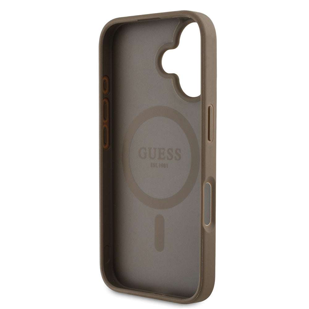 Apple iPhone 16 Case Guess Original Licensed M-Safe Charging Feature Hot Printed Triangle Logo PU Leather Peony Cover Black
