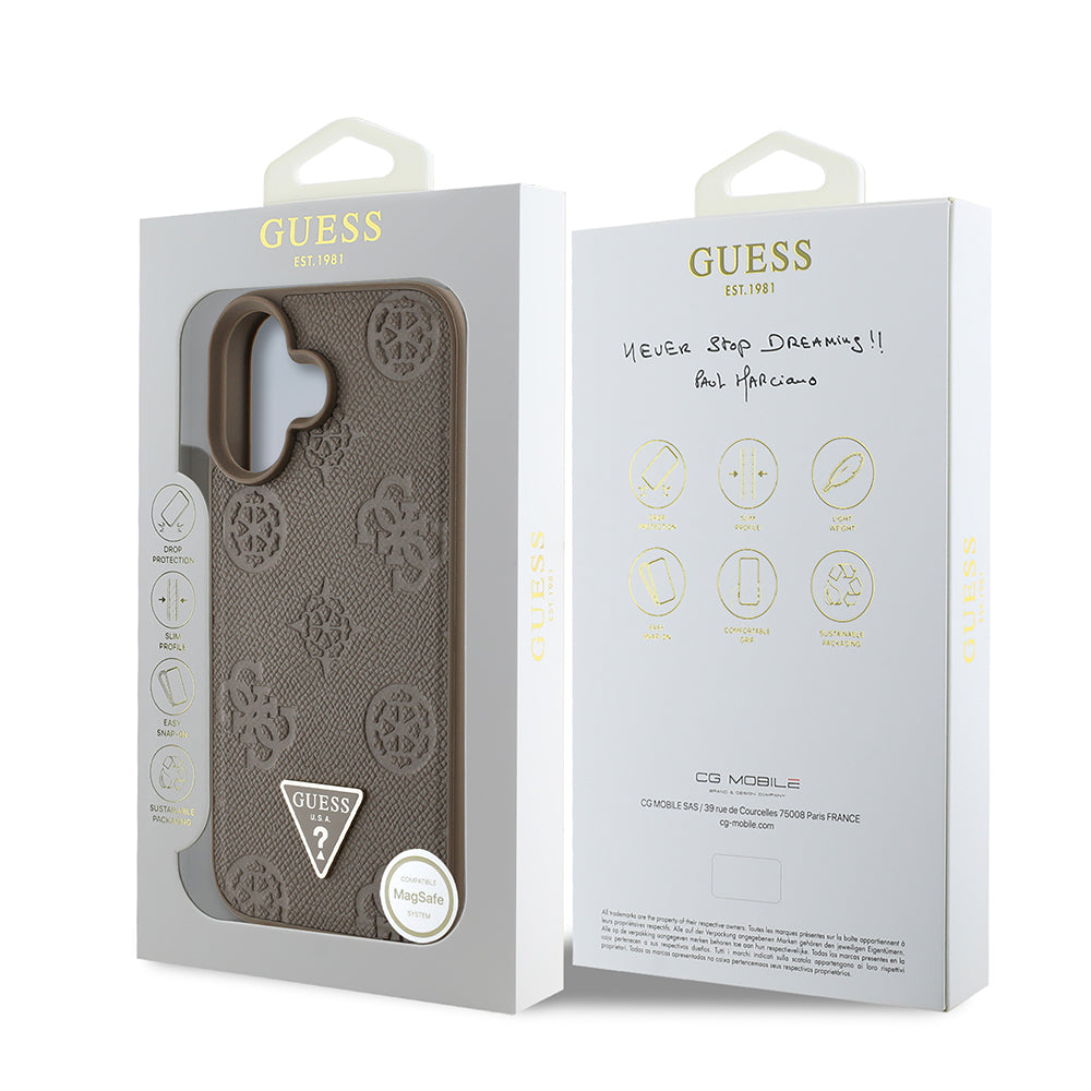 Apple iPhone 16 Case Guess Original Licensed M-Safe Charging Feature Hot Printed Triangle Logo PU Leather Peony Cover Black