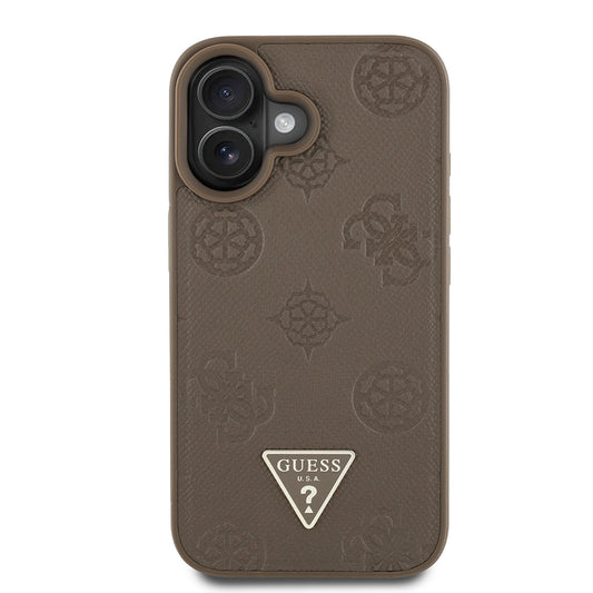 Apple iPhone 16 Case Guess Original Licensed M-Safe Charging Feature Hot Printed Triangle Logo PU Leather Peony Cover Brown